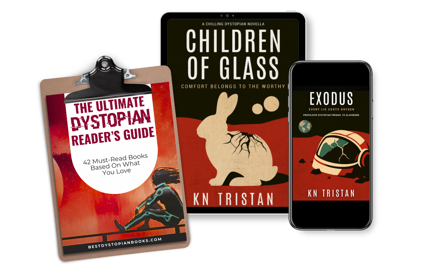 Starter pack including covers for The Ultimate Dystopian Reader Guide, Children of Glass and Exodus by KN Tristan