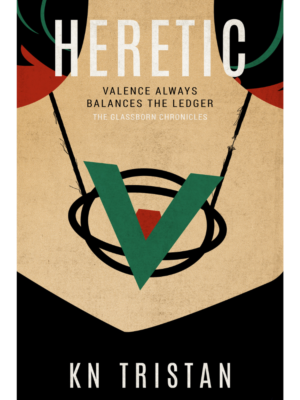 Heretic by KN Tristan, The Glassborn Chronicles book 3; image of pendant necklace on a woman's neck, a V with orbital paths encircling it, leaning to the right because the necklace is fraying badly