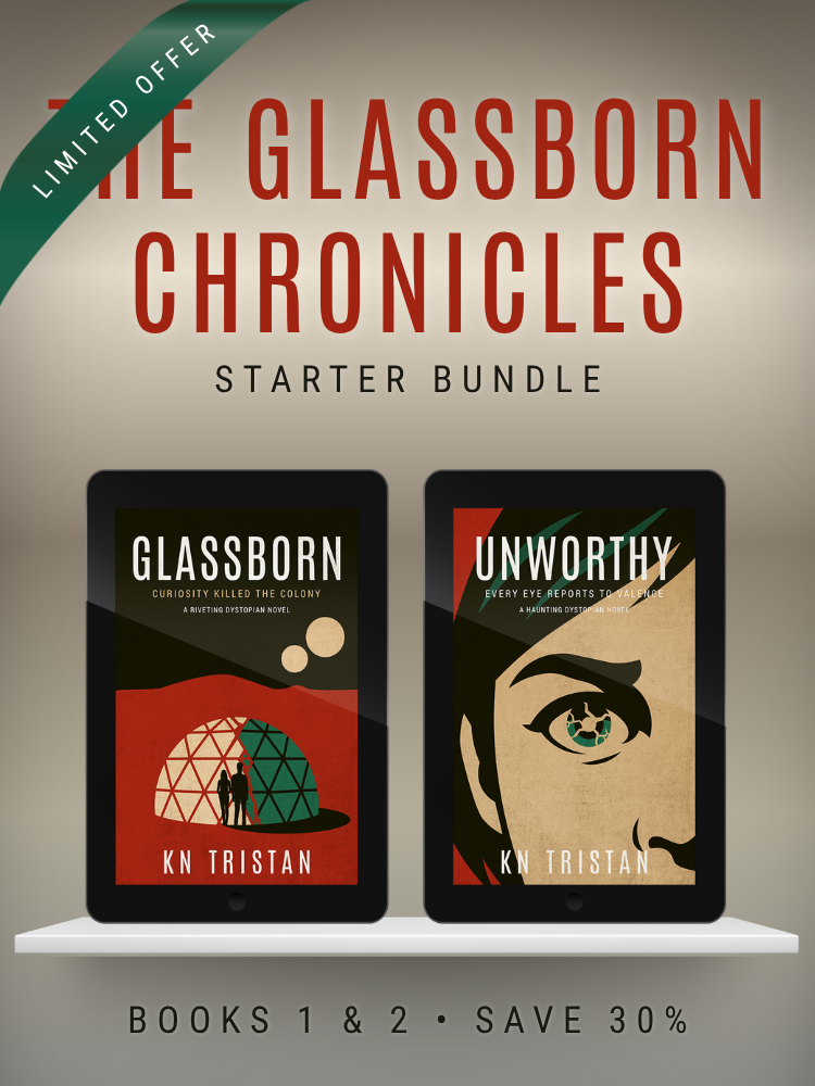 “Two ebook covers—Glassborn and Unworthy —displayed on tablets resting on a white shelf, with large text above reading ‘The Glassborn Chronicles – Starter Bundle.’”