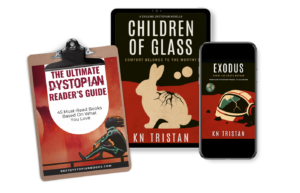 Image of The Ultimate Dystopian Reader's Guide on a clipboard, the cover of Children of Glass on a tablet and the cover of Exodus on a phone next to each other