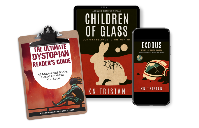 Image of The Ultimate Dystopian Reader's Guide on a clipboard, the cover of Children of Glass on a tablet and the cover of Exodus on a phone next to each other