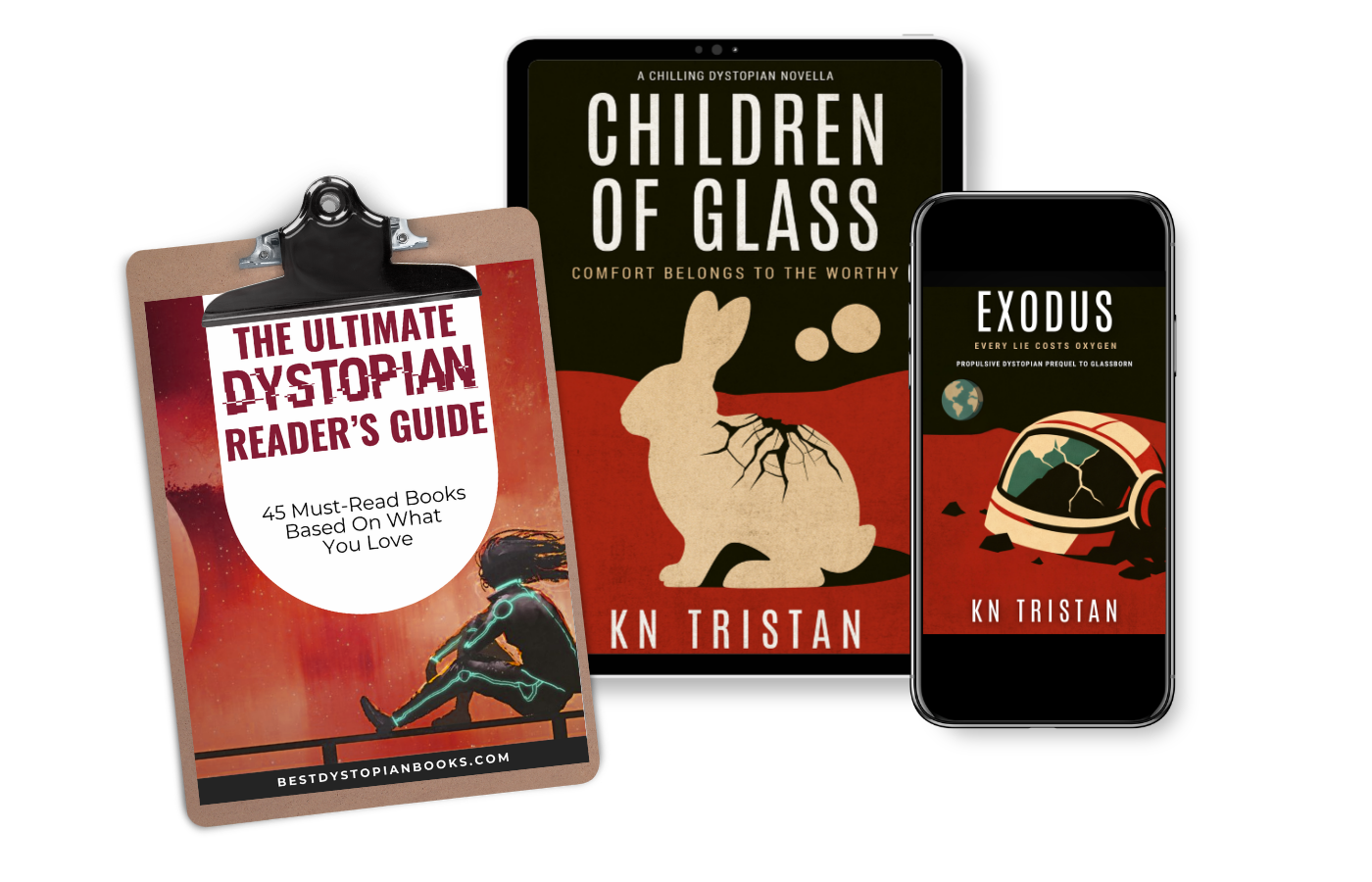 Image of The Ultimate Dystopian Reader's Guide on a clipboard, the cover of Children of Glass on a tablet and the cover of Exodus on a phone next to each other