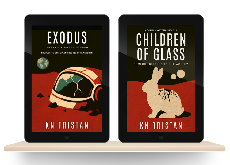 Exodus and Children of Glass book covers displayed side by side on tablets on a shelf