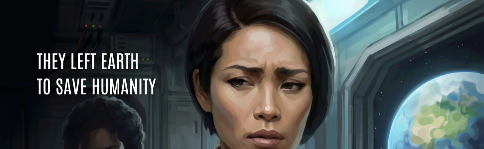 Woman with concerned expression and text "They left Earth to save humanity"