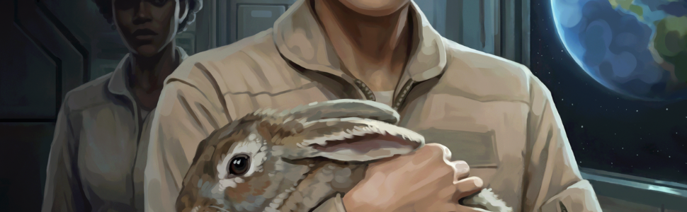 Close-up of torso of woman holding a rabbit, with a second woman in shadow behind her